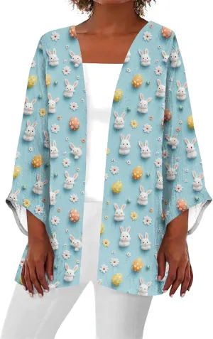 Kimonos for Women Plus Size Lightweight Cardigan Easter Printed Tops Dressy Casual 3/4 Sleeve Summer Loose Jacket