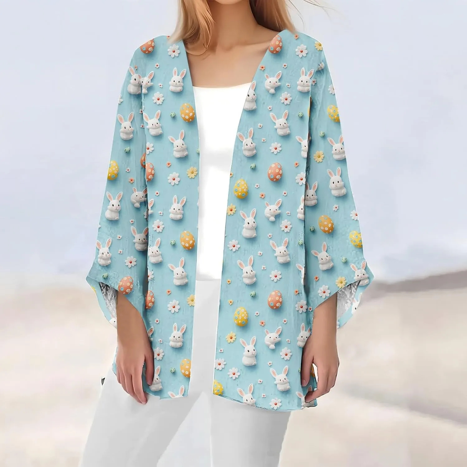Kimonos for Women Plus Size Lightweight Cardigan Easter Printed Tops Dressy Casual 3/4 Sleeve Summer Loose Jacket