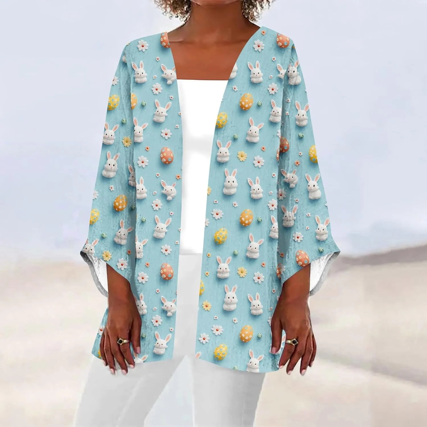 Kimonos for Women Plus Size Lightweight Cardigan Easter Printed Tops Dressy Casual 3/4 Sleeve Summer Loose Jacket