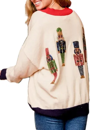 KMBANGI Women Cute Christmas Cardigan Button Down Sequin Nutcracker Ugly Sweater Xmas Open Front Knitted Pullover Top