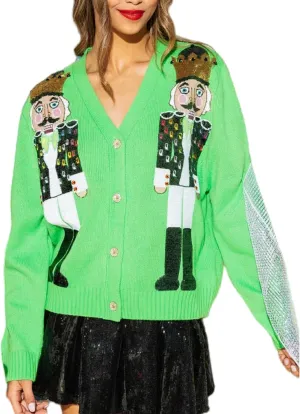 KMBANGI Women Cute Christmas Cardigan Button Down Sequin Nutcracker Ugly Sweater Xmas Open Front Knitted Pullover Top