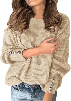 Knit Sweater for Women Solid Button Sleeve Fall Sweater Turtleneck Oversized Sweaters Comfy Warm Pullover Tops S-5XL