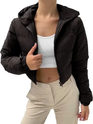 Kubbon Women Cropped Puffer Jacket Casual Long Sleeve Short Down Coat Cozy Warm Zip Up Hooded Jacket Hoodies with Pockets