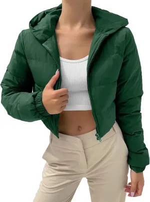 Kubbon Women Cropped Puffer Jacket Casual Long Sleeve Short Down Coat Cozy Warm Zip Up Hooded Jacket Hoodies with Pockets
