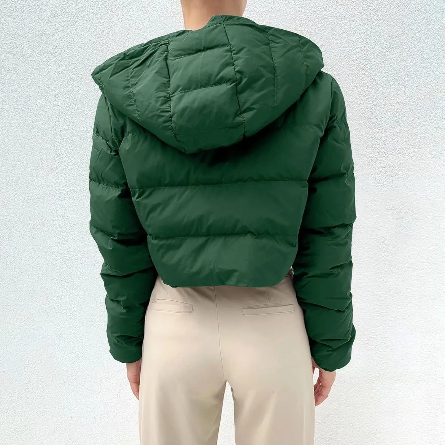 Kubbon Women Cropped Puffer Jacket Casual Long Sleeve Short Down Coat Cozy Warm Zip Up Hooded Jacket Hoodies with Pockets