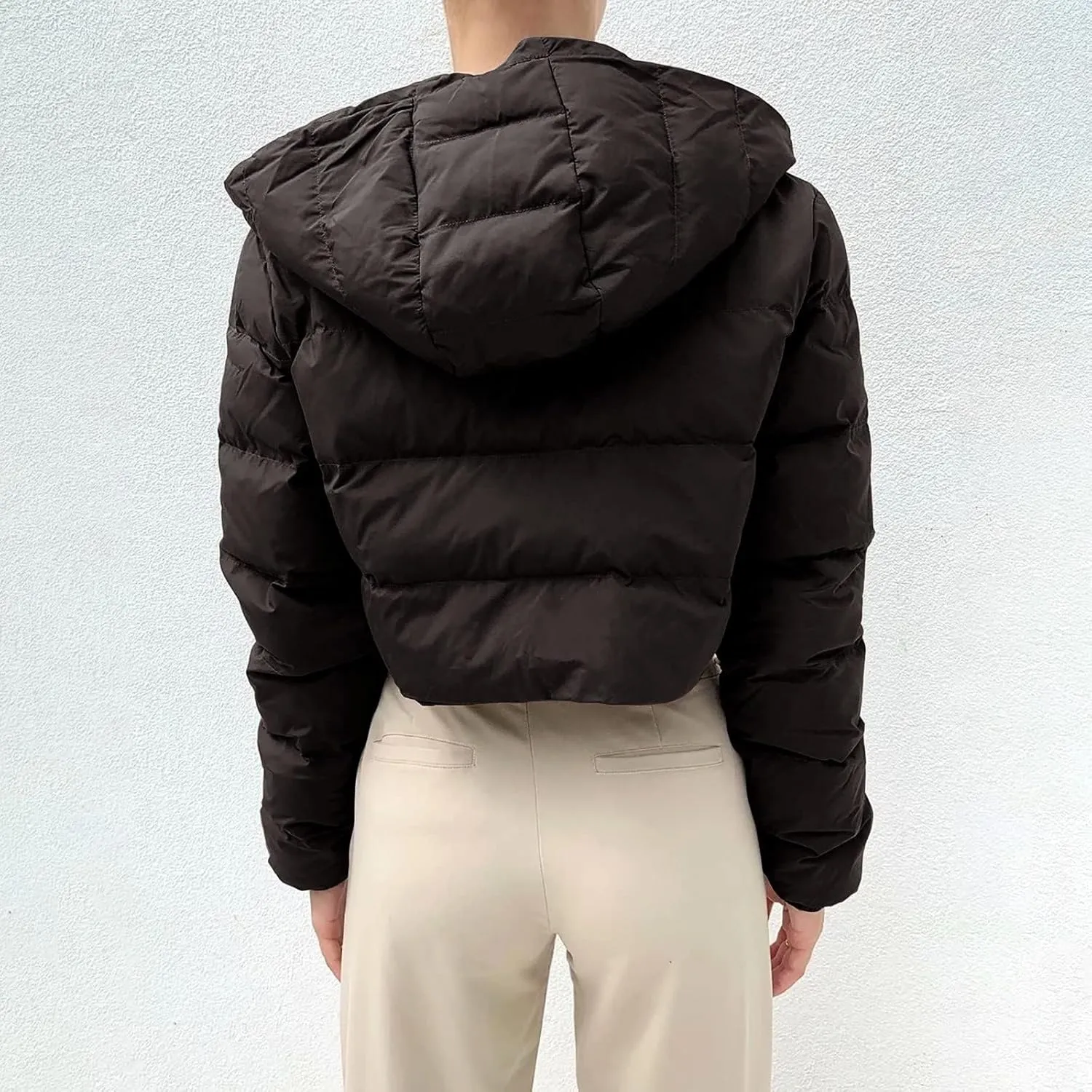 Kubbon Women Cropped Puffer Jacket Casual Long Sleeve Short Down Coat Cozy Warm Zip Up Hooded Jacket Hoodies with Pockets