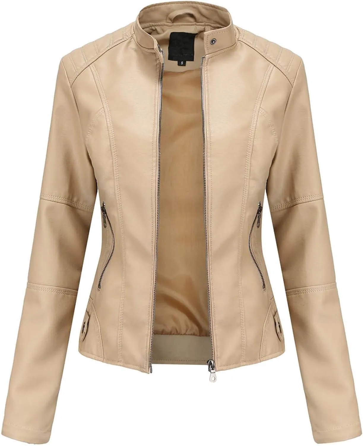 LCMTWX Womens Jacket Solid Full Zip Snap Stand Collar Long Sleeve Cardigan Slim Jacket Coat for Vacation Motorcycle Red