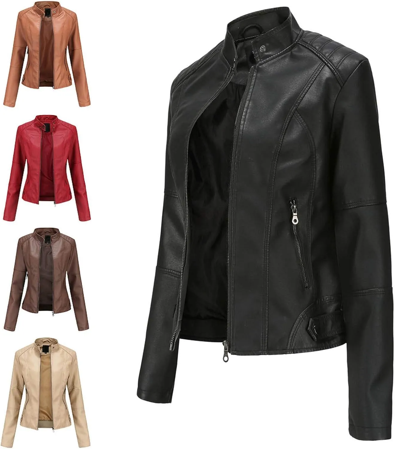 LCMTWX Womens Jacket Solid Full Zip Snap Stand Collar Long Sleeve Cardigan Slim Jacket Coat for Vacation Motorcycle Red