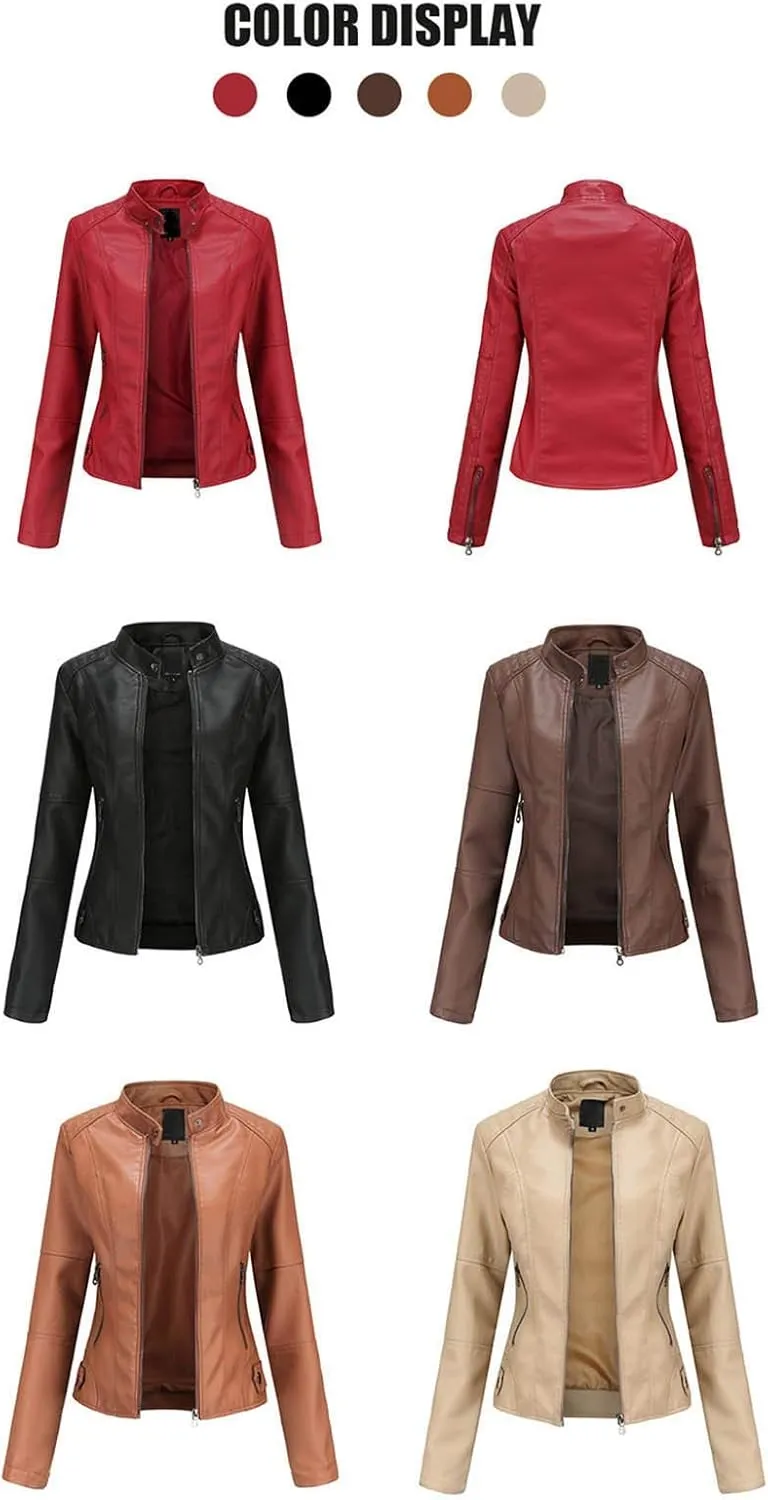 LCMTWX Womens Jacket Solid Full Zip Snap Stand Collar Long Sleeve Cardigan Slim Jacket Coat for Vacation Motorcycle Red