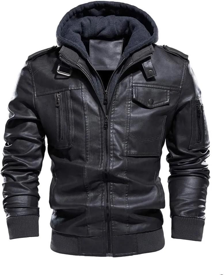 Leather Jackets for Men, Faux Leather Jacket Men Winter Warm Fleece Lined Motorcycle Bomber Jacket with Hood