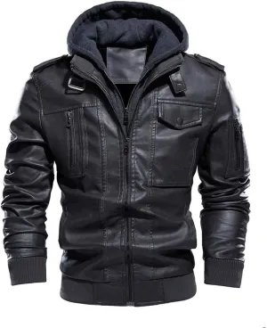 Leather Jackets for Men, Faux Leather Jacket Men Winter Warm Fleece Lined Motorcycle Bomber Jacket with Hood