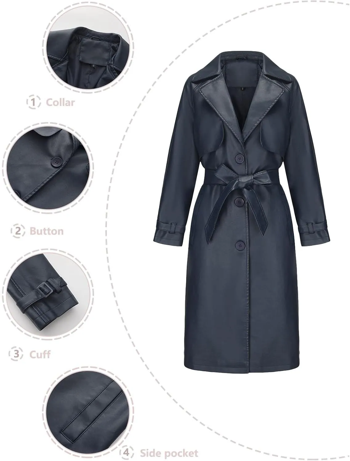 Leather Trench Coat Women Plus Size Single Breasted Pea Coats Notch Collar Long Coats 2024 Winter Jackets with Belt