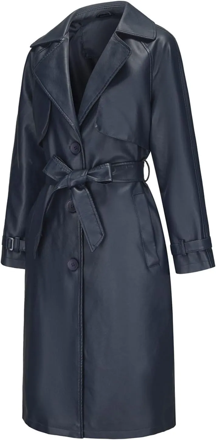Leather Trench Coat Women Plus Size Single Breasted Pea Coats Notch Collar Long Coats 2024 Winter Jackets with Belt