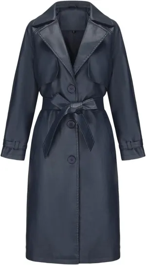 Leather Trench Coat Women Plus Size Single Breasted Pea Coats Notch Collar Long Coats 2024 Winter Jackets with Belt