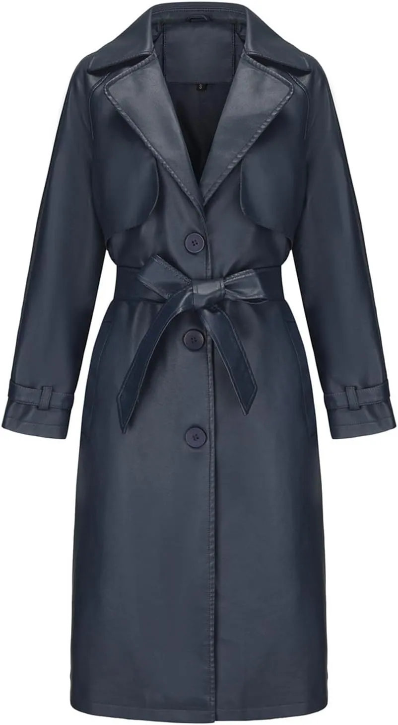 Leather Trench Coat Women Plus Size Single Breasted Pea Coats Notch Collar Long Coats 2024 Winter Jackets with Belt