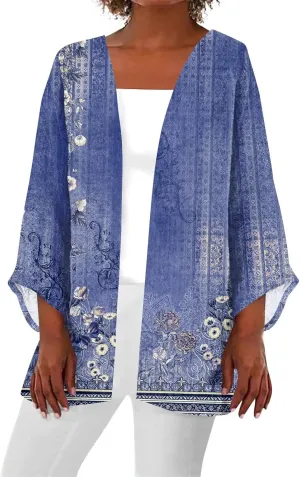 Lightweight Cardigans for Women 3/4 Sleeve Trendy Open Front Cardigan Floral Printed Comfy Dressy Cardigans