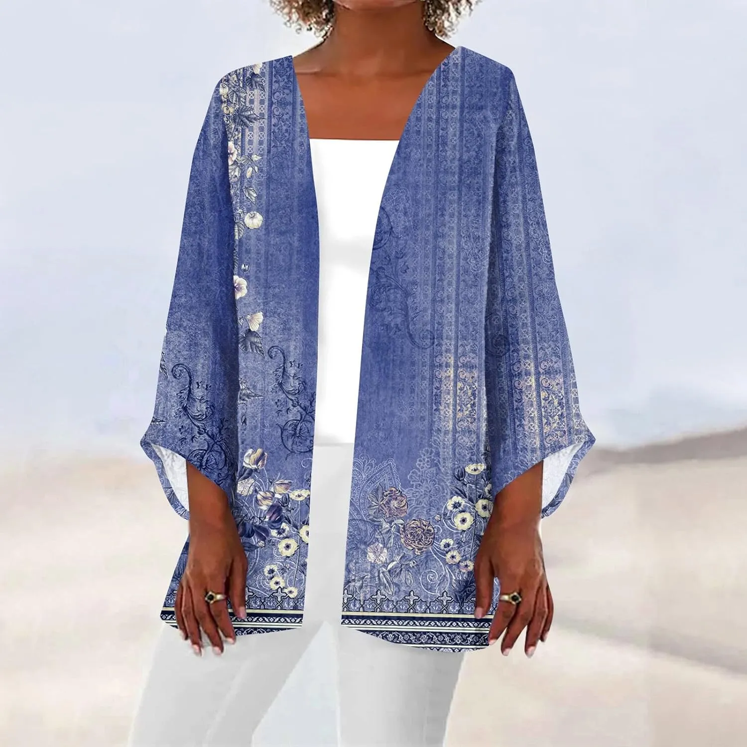 Lightweight Cardigans for Women 3/4 Sleeve Trendy Open Front Cardigan Floral Printed Comfy Dressy Cardigans