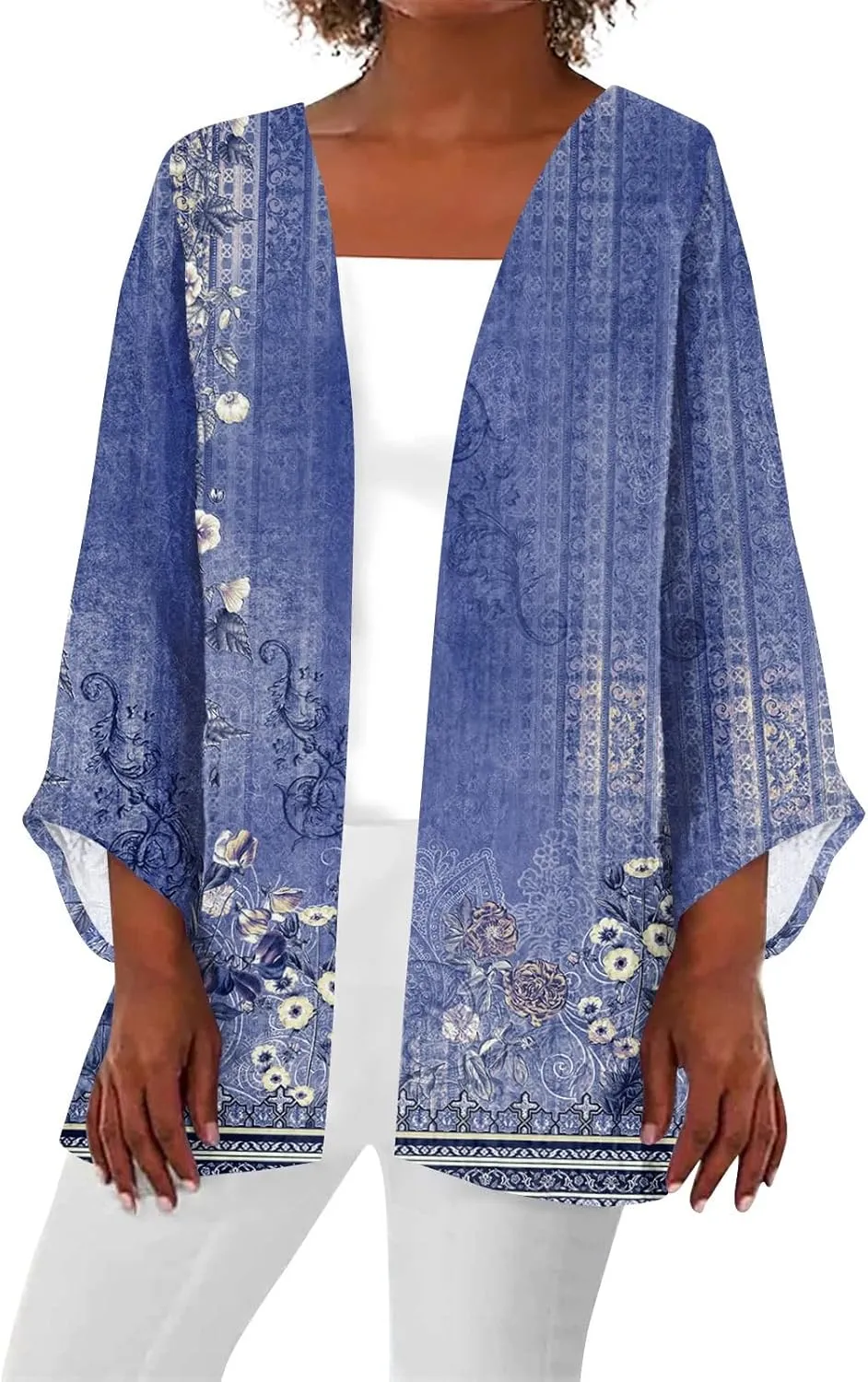 Lightweight Cardigans for Women 3/4 Sleeve Trendy Open Front Cardigan Floral Printed Comfy Dressy Cardigans