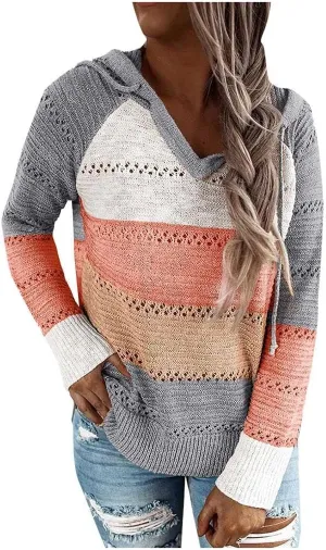 Lighweight Hoodies for Women Pullover Knit Pockets Long Sleeve Hooded Sweatshirt Jacket Hoody Light Weight Drop Shoulder