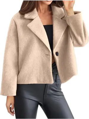 Lmdudan Women Wool Blend Cropped Pea Coats Single Breasted Notched Lapel Long Sleeve Jacket Casual Button Down Trench Coat