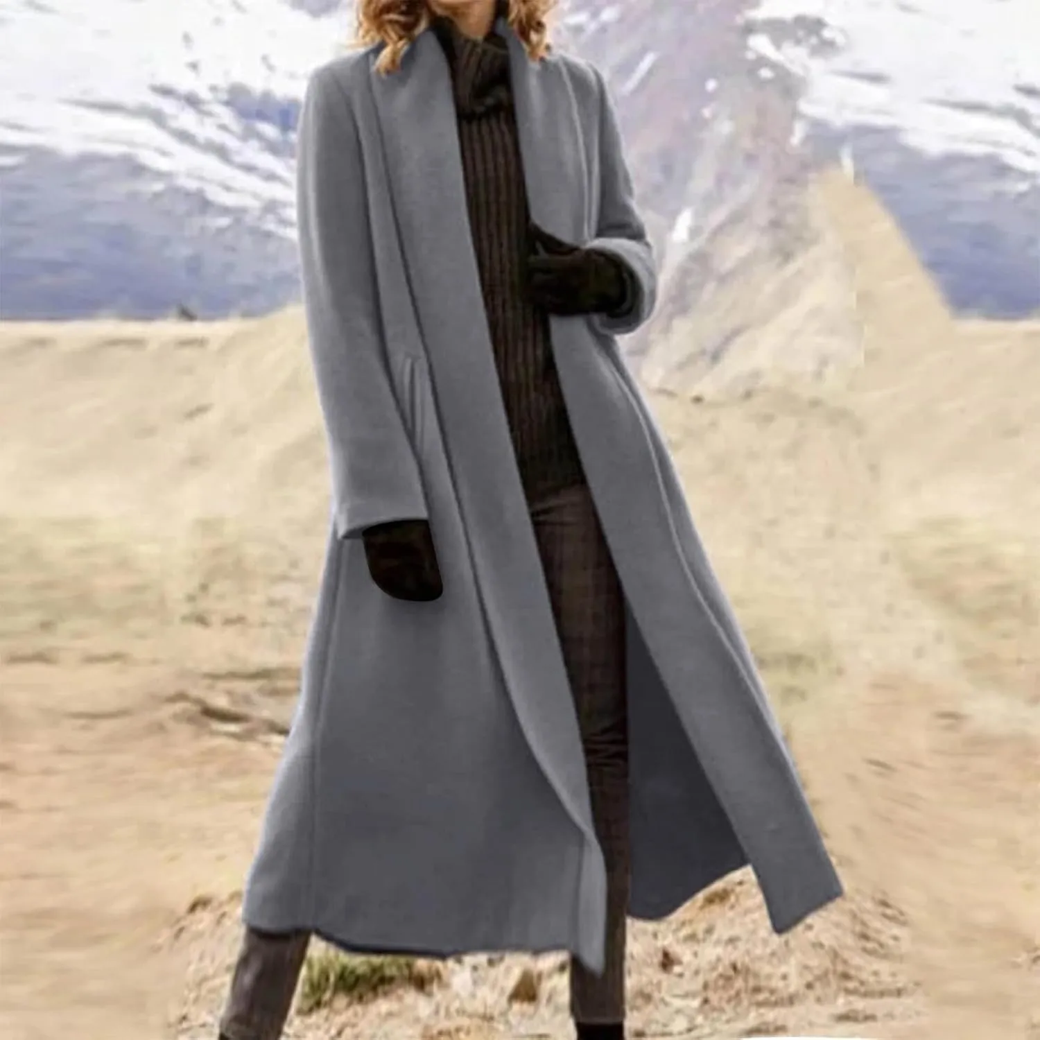 Lmdudan Wool Blend Coat for Women Elegant Shawl Collar Open Front Coats Formal Work Mid Long Winter Pea Coat Outwear Tops