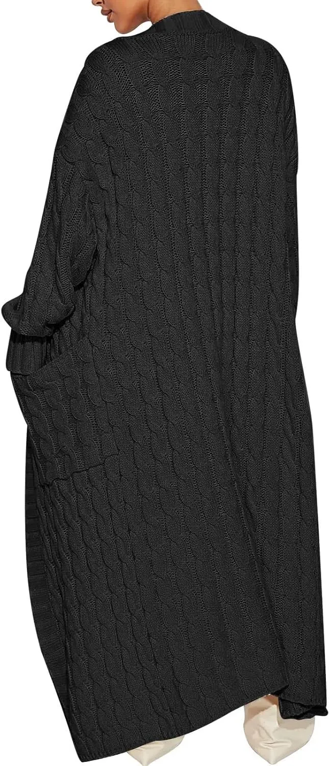 Long Open Front Cardigan for Women Cable Knit Sweaters Soft Warm Chunky Sweater Coats for Daily Casual Wear