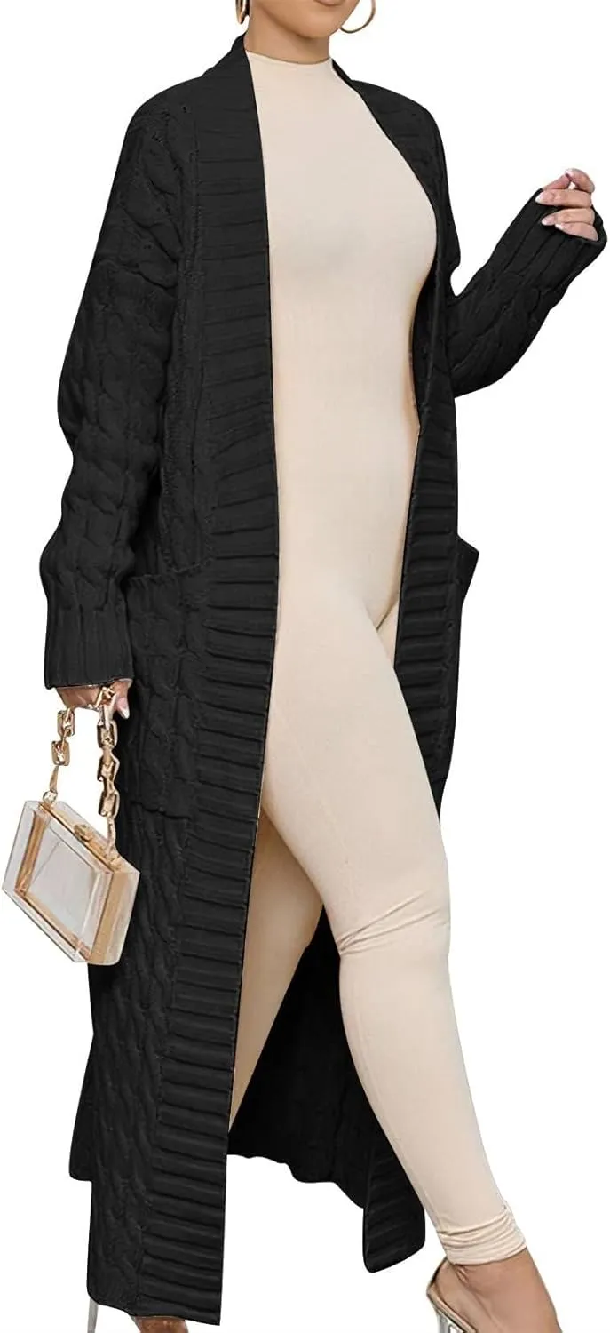 Long Open Front Cardigan for Women Cable Knit Sweaters Soft Warm Chunky Sweater Coats for Daily Casual Wear