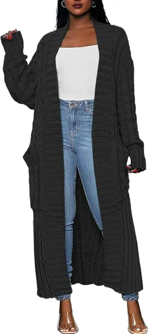 Long Open Front Cardigan for Women Cable Knit Sweaters Soft Warm Chunky Sweater Coats for Daily Casual Wear