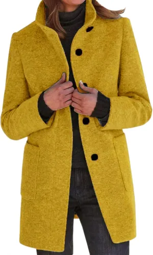 Long Pea Coats for Women Oversized Stand Collar Single Breasted Thicken Blazer Wool Blend Peacoat Jacket with Pockets