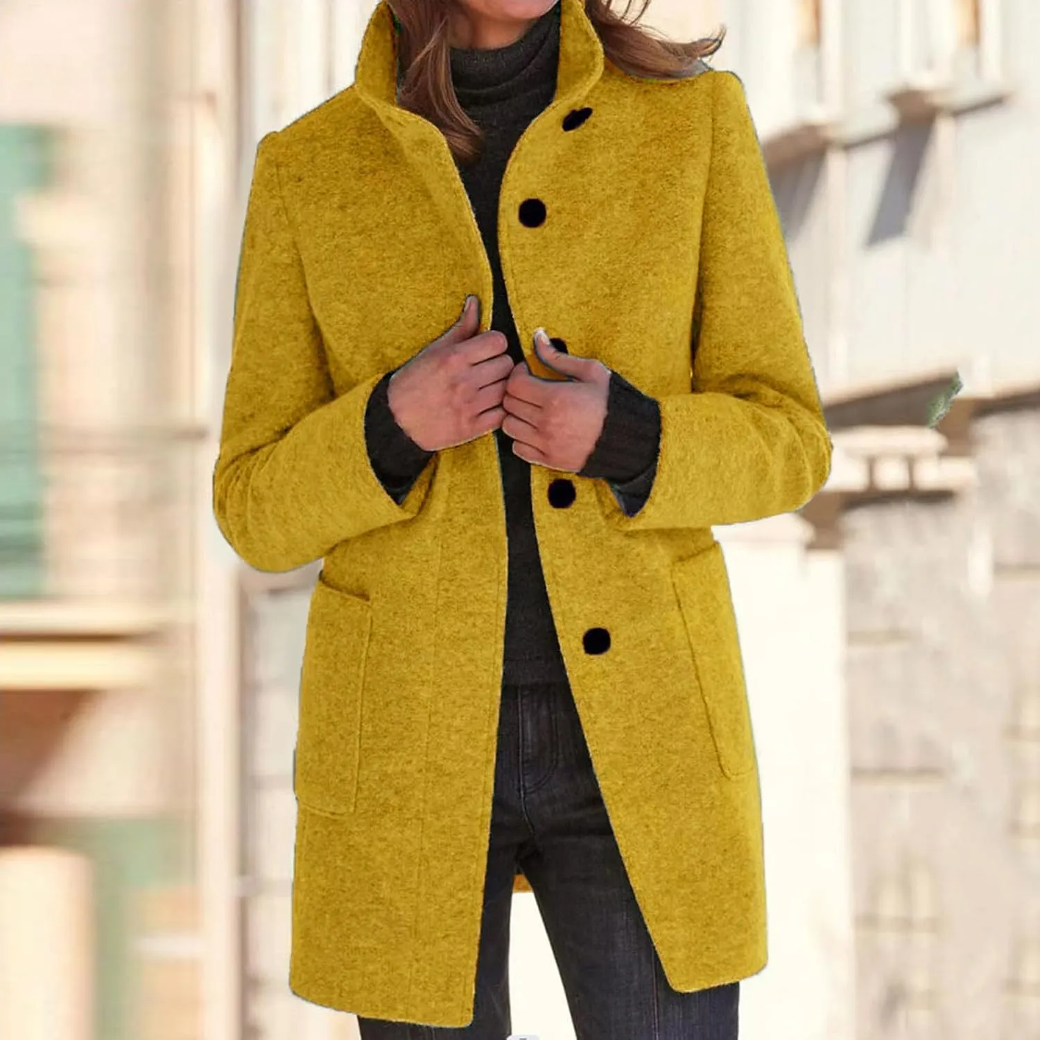Long Pea Coats for Women Oversized Stand Collar Single Breasted Thicken Blazer Wool Blend Peacoat Jacket with Pockets