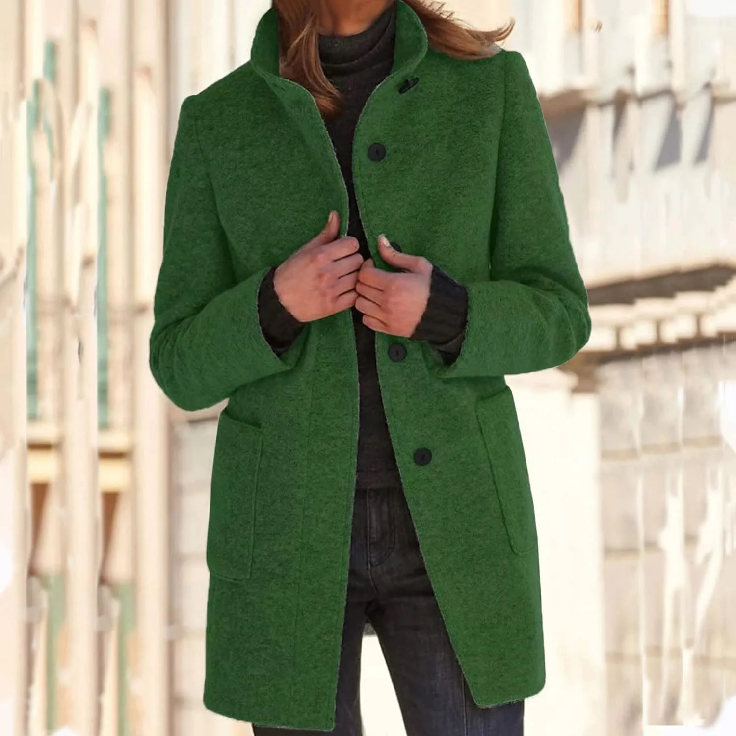 Long Pea Coats for Women Winter Stand Collar Single Breasted Wool Coats Wool Blend Peacoat Thicken Blazer Jacket