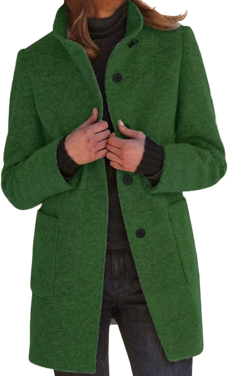 Long Pea Coats for Women Winter Stand Collar Single Breasted Wool Coats Wool Blend Peacoat Thicken Blazer Jacket