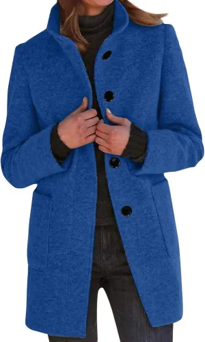 Long Pea Coats for Women Winter Stand Collar Single Breasted Wool Coats Wool Blend Peacoat Thicken Blazer Jacket