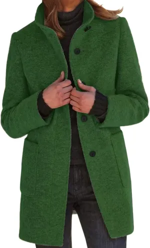 Long Pea Coats for Women Winter Stand Collar Single Breasted Wool Coats Wool Blend Peacoat Thicken Blazer Jacket
