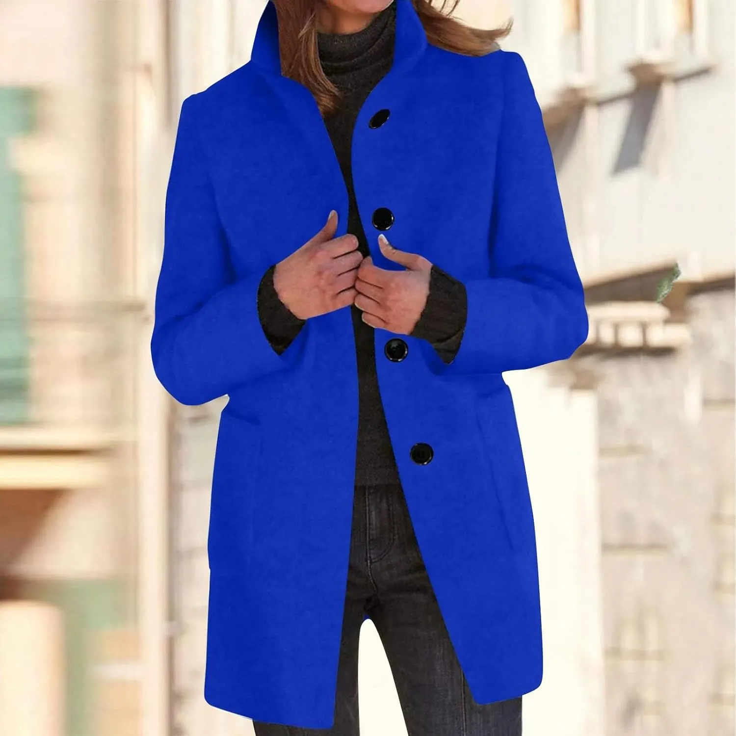 Long Pea Coats for Women Winter Stand Collar Single Breasted Wool Trench Coats Wool Blend Peacoat Thicken Blazer Jacket
