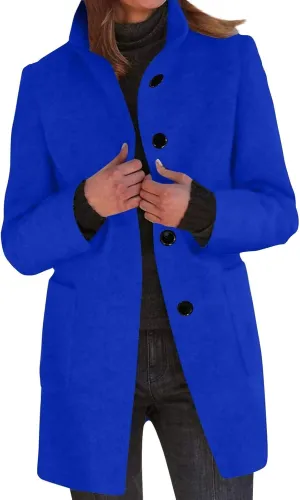 Long Pea Coats for Women Winter Stand Collar Single Breasted Wool Trench Coats Wool Blend Peacoat Thicken Blazer Jacket
