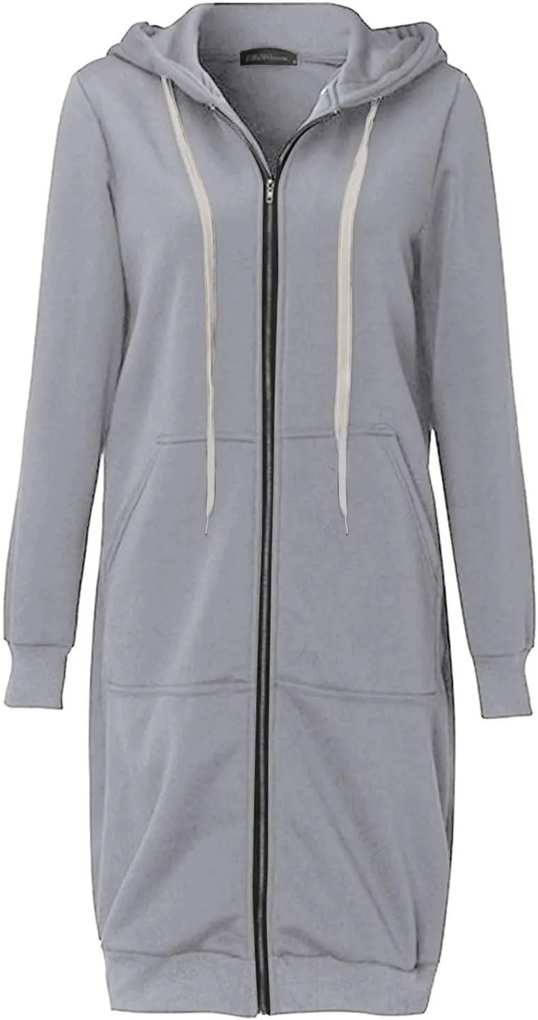Long Sleeve Hoodies for Women Mid Length Solid Fleece Sweater Lightweight Zip Up Sweatshirts with Pockets