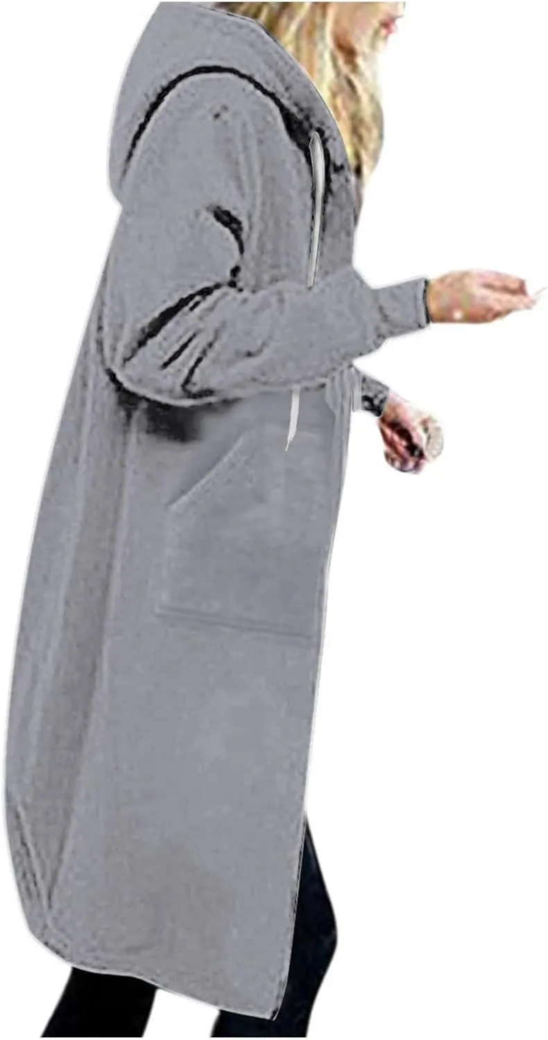 Long Sleeve Hoodies for Women Mid Length Solid Fleece Sweater Lightweight Zip Up Sweatshirts with Pockets