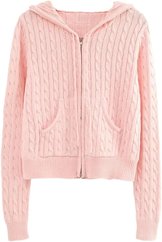 Long Sleeve Top Cropped Cardigans Women Knit Sweaters Zipper Up Cardigan Hooded Sweater Coat