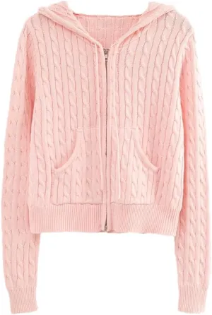 Long Sleeve Top Cropped Cardigans Women Knit Sweaters Zipper Up Cardigan Hooded Sweater Coat
