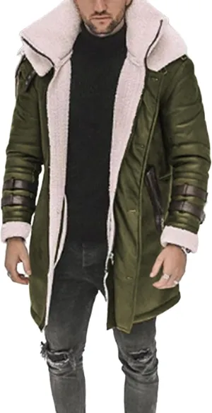 Long Trench Coat for Men Winter Shearling Long Leather Jackets Mens Sherpa Lined Leather Jacket Fur Coats