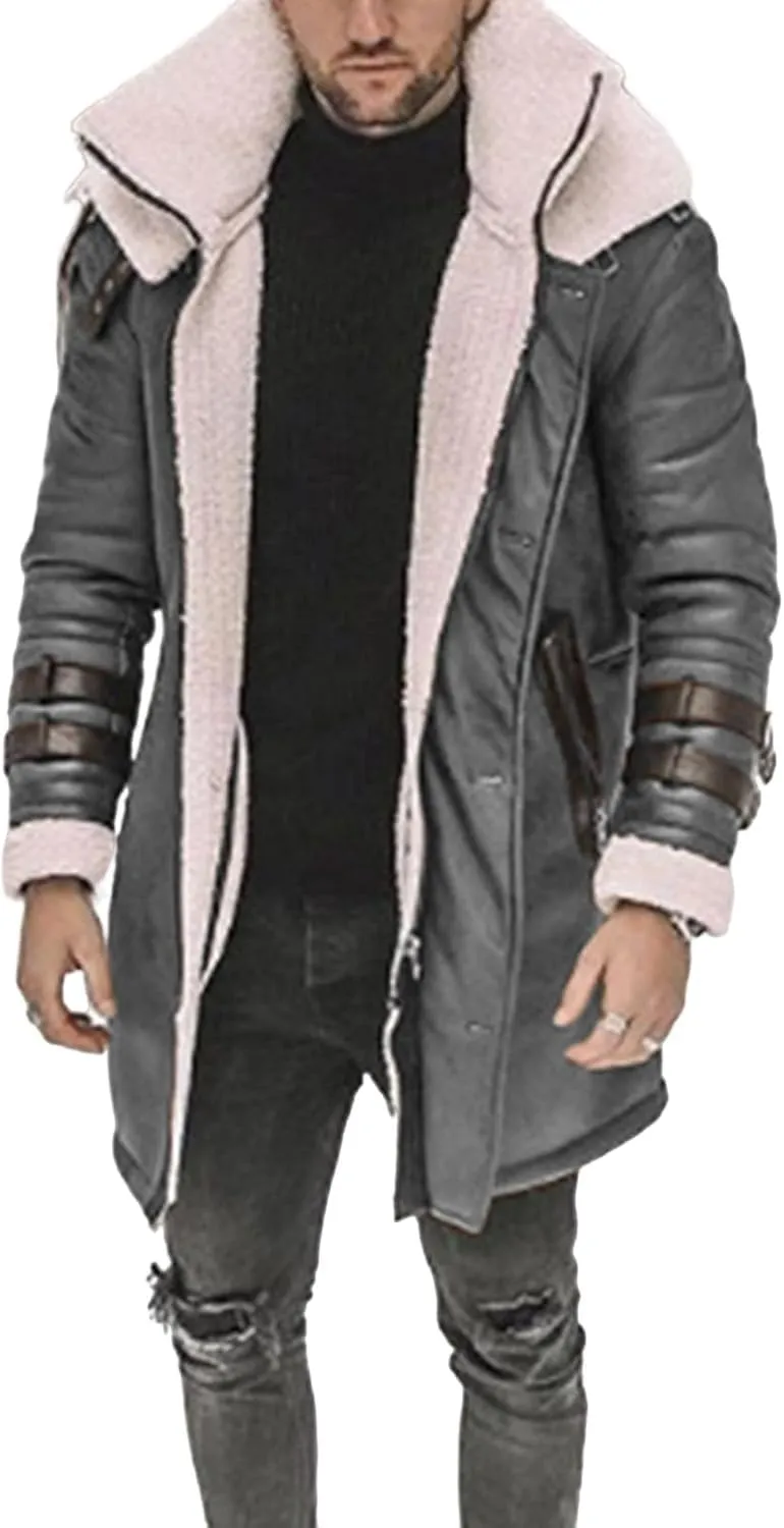 Long Trench Coat for Men Winter Shearling Long Leather Jackets Mens Sherpa Lined Leather Jacket Fur Coats