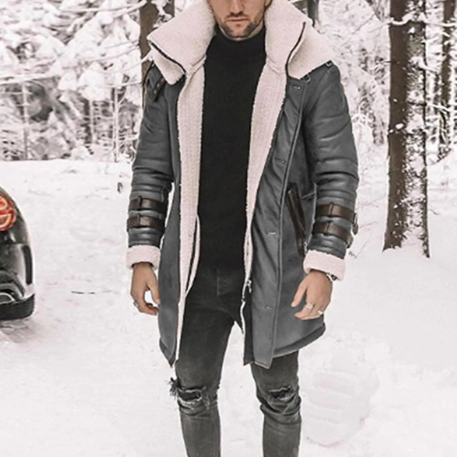 Long Trench Coat for Men Winter Shearling Long Leather Jackets Mens Sherpa Lined Leather Jacket Fur Coats