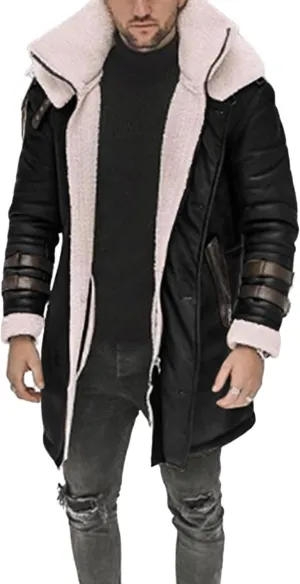 Long Trench Coat for Men Winter Shearling Long Leather Jackets Mens Sherpa Lined Leather Jacket Fur Coats