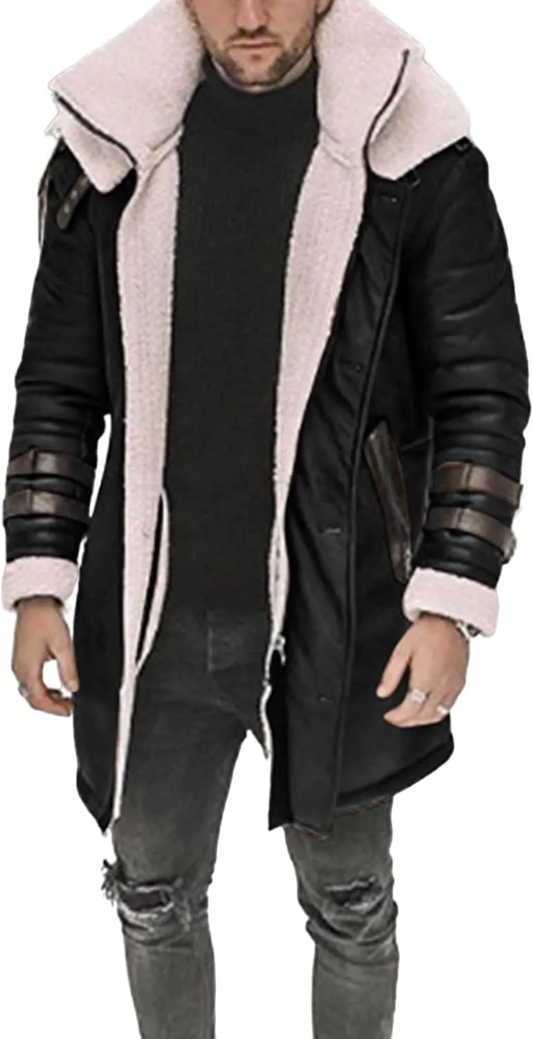 Long Trench Coat for Men Winter Shearling Long Leather Jackets Mens Sherpa Lined Leather Jacket Fur Coats