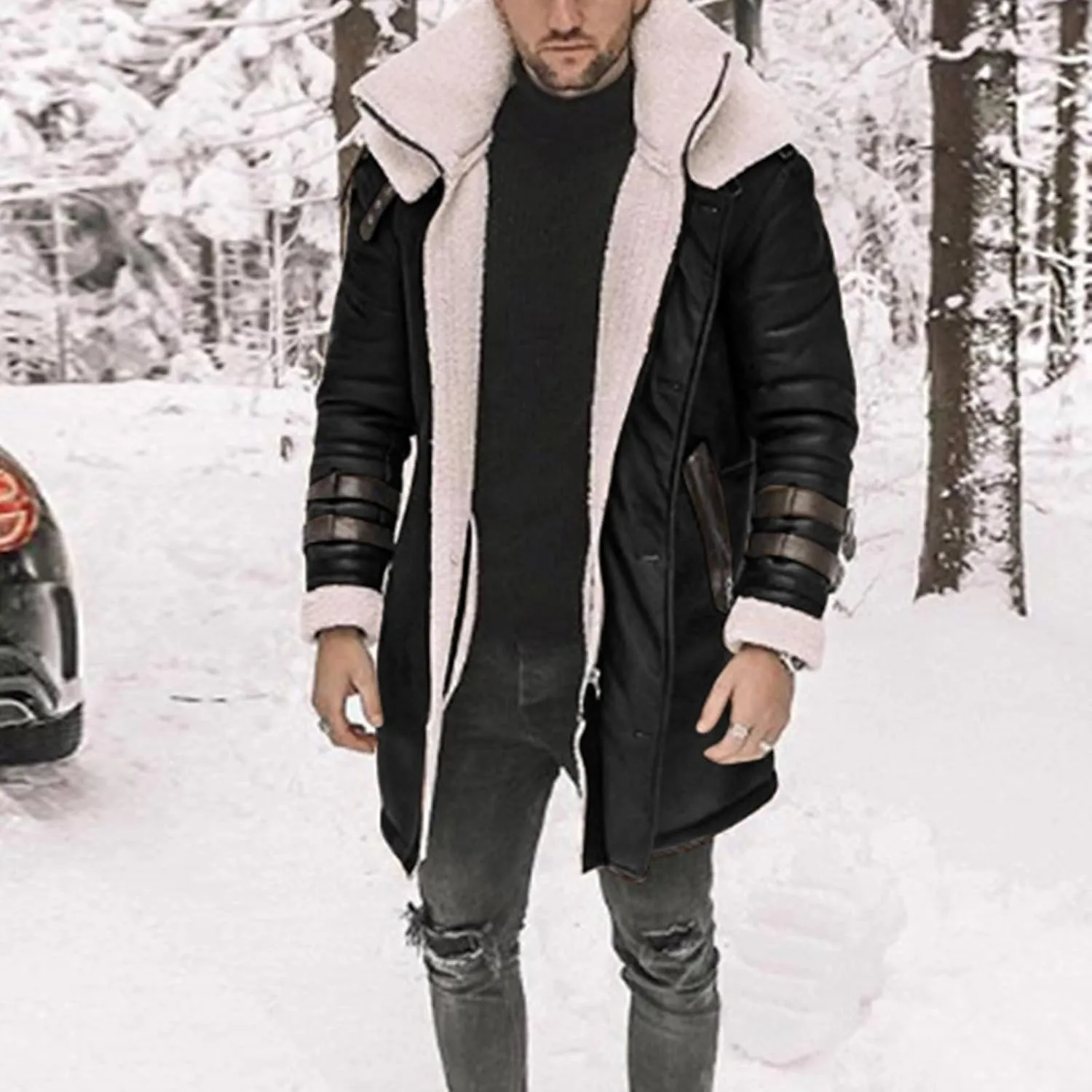 Long Trench Coat for Men Winter Shearling Long Leather Jackets Mens Sherpa Lined Leather Jacket Fur Coats