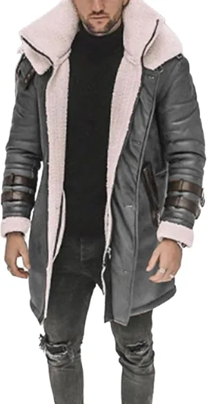 Long Trench Coat for Men Winter Shearling Long Leather Jackets Mens Sherpa Lined Leather Jacket Fur Coats