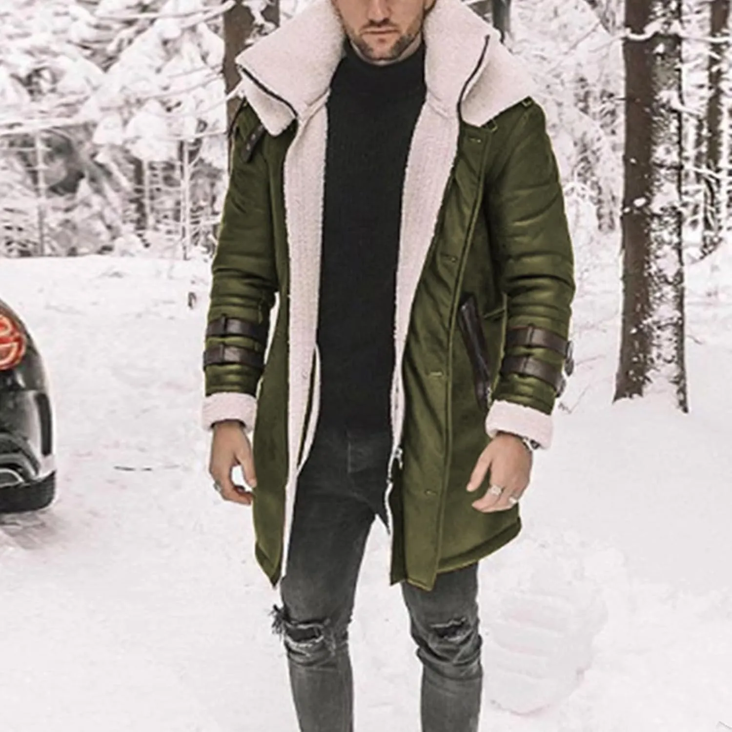 Long Trench Coat for Men Winter Shearling Long Leather Jackets Mens Sherpa Lined Leather Jacket Fur Coats
