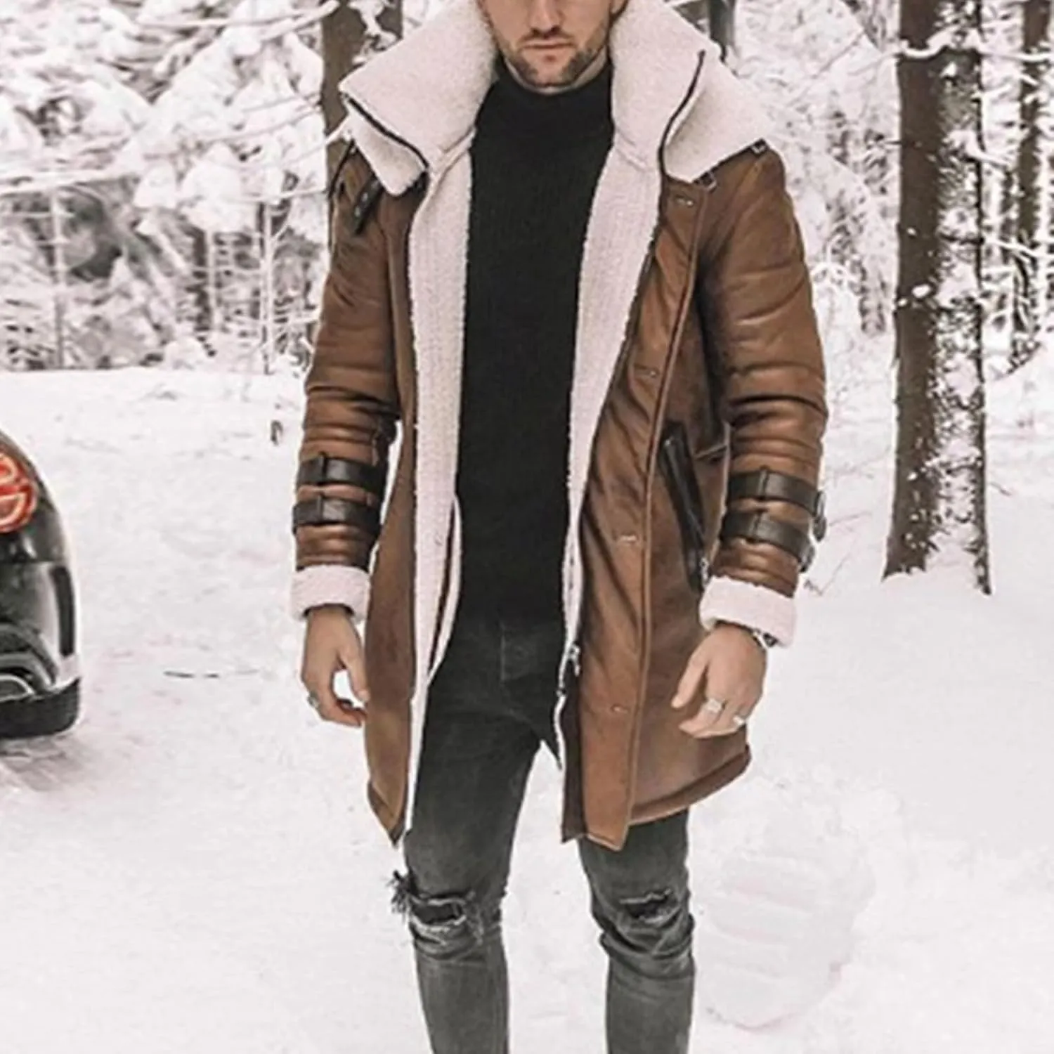 Long Trench Coat Men - Winter Shearling Long Leather Jackets for Men Sherpa Lined Leather Jacket Fur Coats