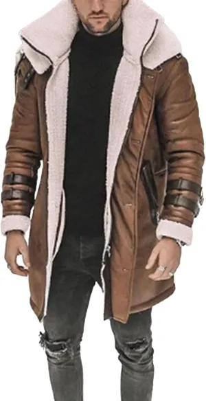 Long Trench Coat Men - Winter Shearling Long Leather Jackets for Men Sherpa Lined Leather Jacket Fur Coats